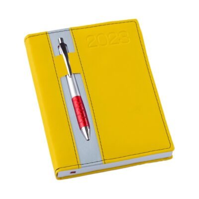 Agenda vertical amarela com tarja cinza